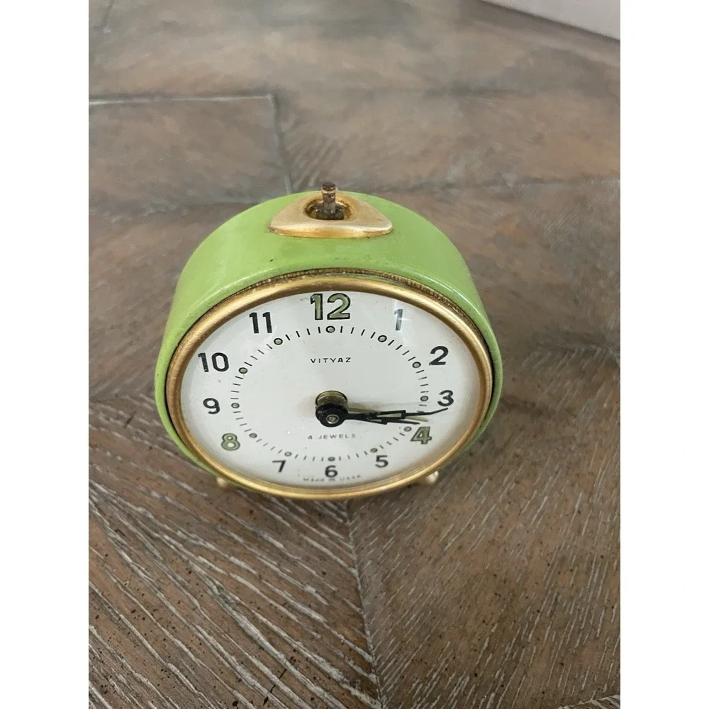 Vintage Vityaz USSR Mechanical Alarm Clock Metal Green Wind Up Works